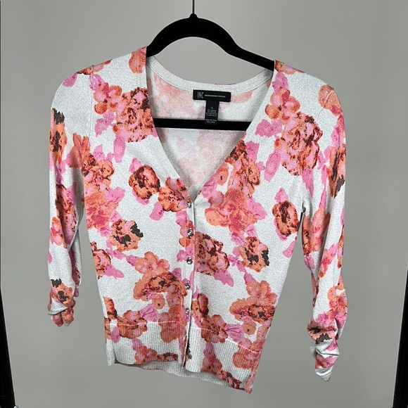 INC Elegant Dressy Floral Summer Cardigan Pink White Coral Small We wear Pink - Picture 1 of 8
